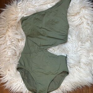 One-Shoulder Olive Green Cutout Swimsuit